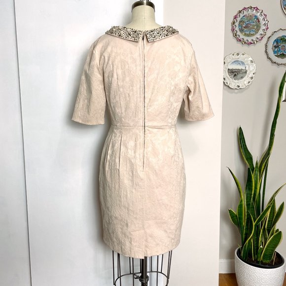 Darling jeweled collar dress tan damask retro style pockets - size large - Picture 5 of 11
